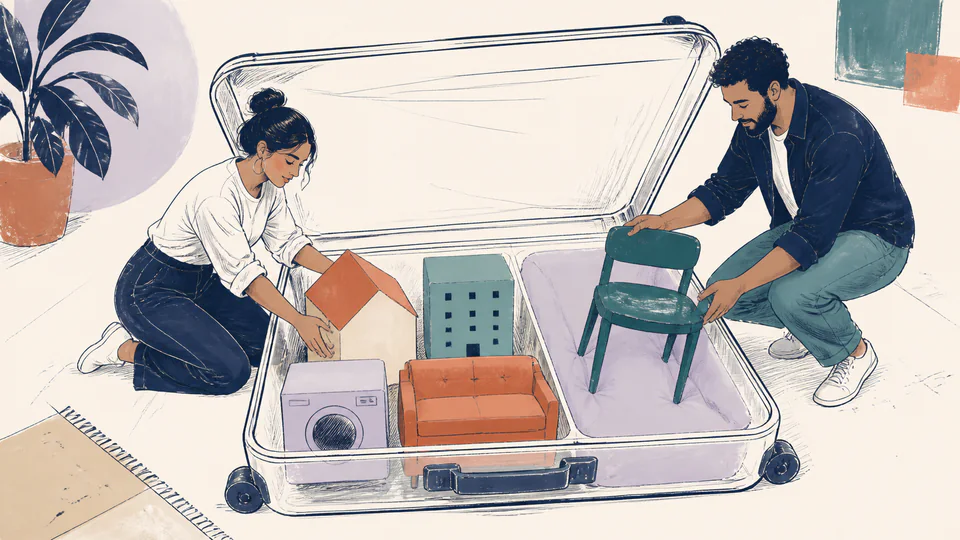 Two people pack named move-in obligations into a transparent suitcase with a spare cushion