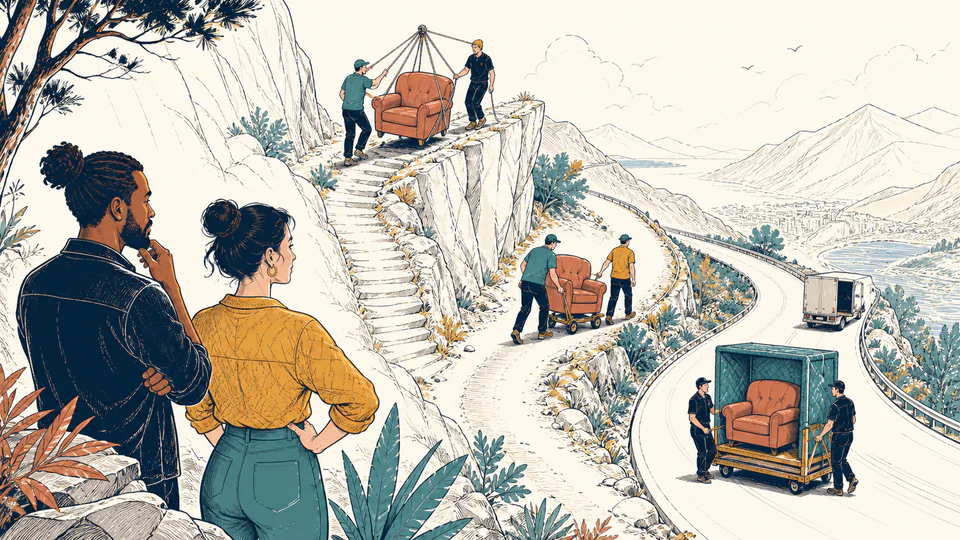 One household object travels through three distinct moving methods while two people compare effort