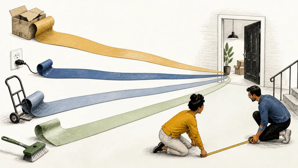 Four paper ribbons for packing utilities movers and cleaning race toward one moving-day doorway