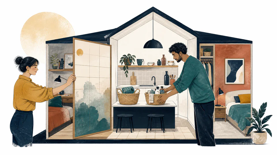 Two roommates divide one floor plan with a movable screen while equal household baskets sit between them
