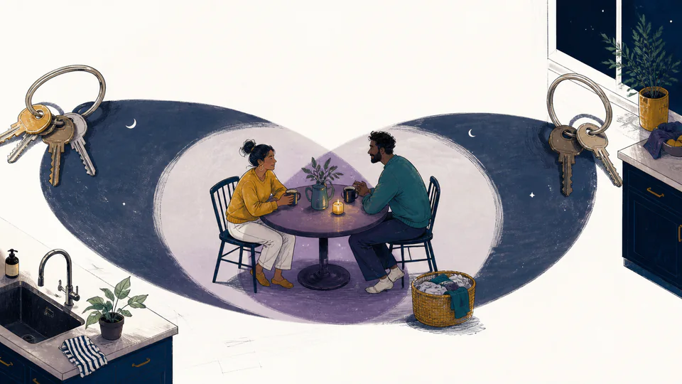 Two sets of house keys cast overlapping night-shaped shadows around a shared table