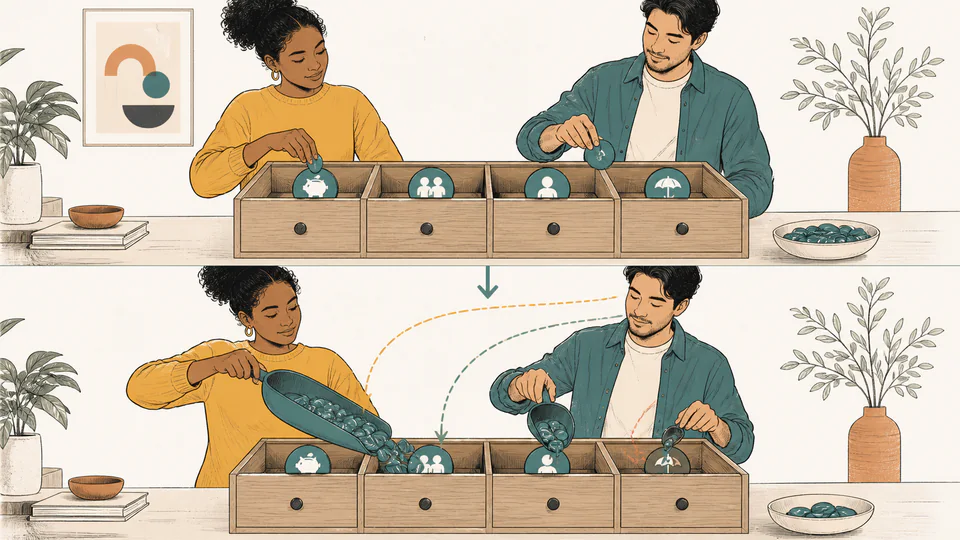 Four drawers receive protected tokens before remaining tokens are apportioned by three adjustable scoops