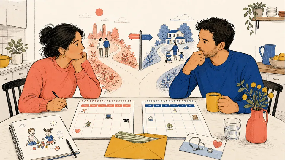 Partners comparing an earlier and later family-planning calendar beside savings, leave, and support evidence