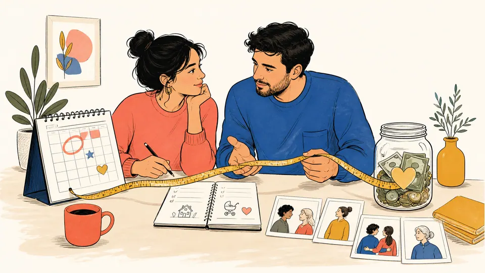 Partners connecting a calendar, savings jar, leave cards, and support network into one family-planning goal