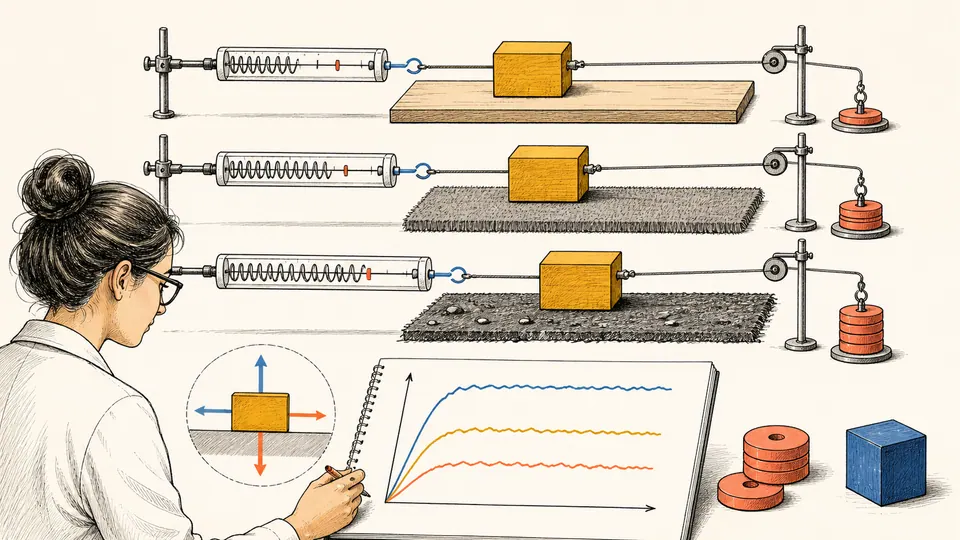 Friction test bench pulling a block over several surfaces while preserving a force series in a lab notebook