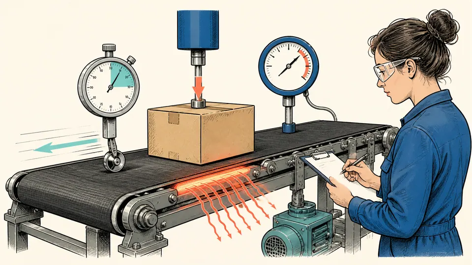 Conveyor contact carrying a load while a technician checks friction force, belt speed, and heat rate