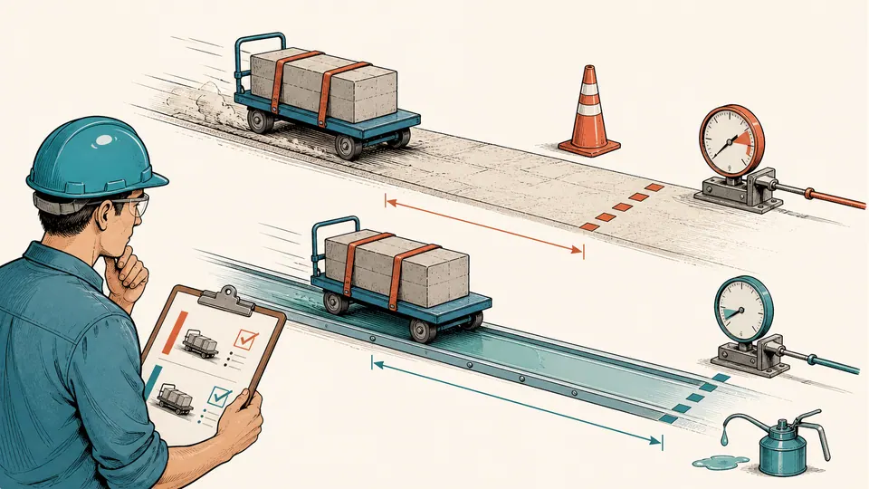 Engineer comparing a loaded cart stopping on dry and lubricated guide surfaces with clear distance margins