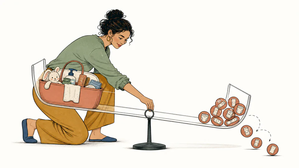 Editorial illustration of a caregiver balancing reusable baby-care setup against recurring disposable purchases at a crossover point