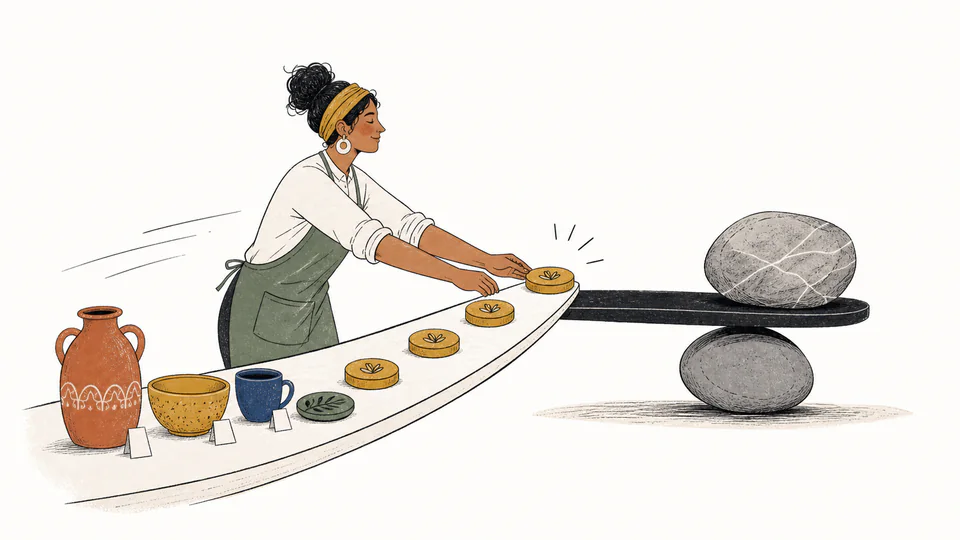 Editorial illustration of a craft seller balancing a fixed-cost stone with contribution tokens from handmade item sales
