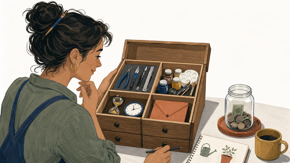 Editorial illustration of a hobbyist sorting tools, materials, lessons, and reserve money into separate workbox drawers