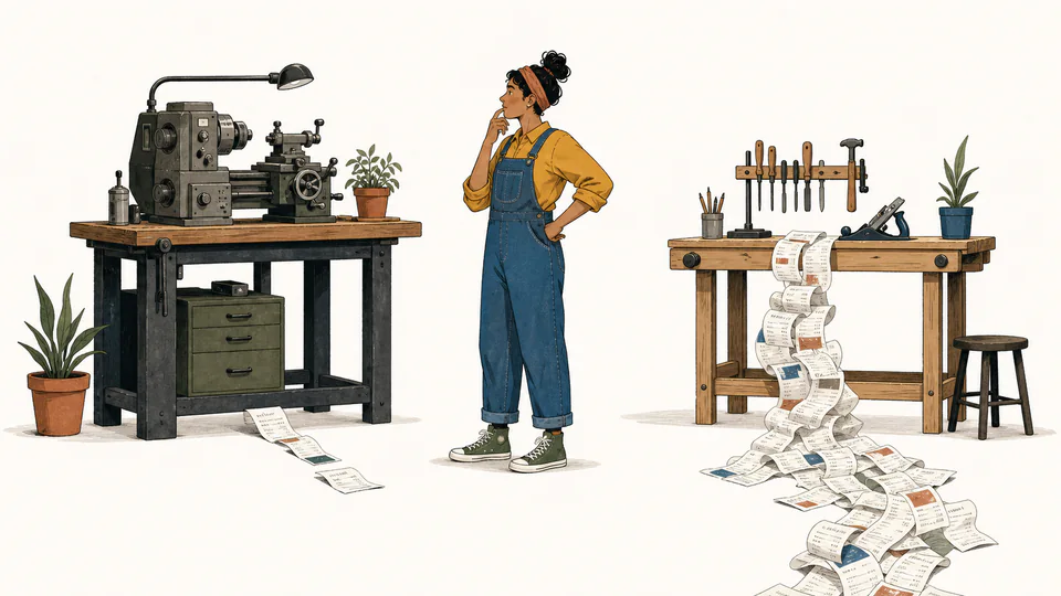 Editorial illustration of a maker comparing a durable machine and a simple tool with different receipt trails