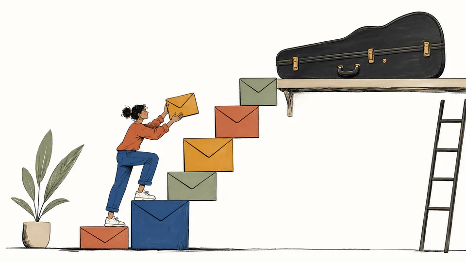 Editorial illustration of a hobbyist stacking savings envelopes toward an instrument case on a high shelf