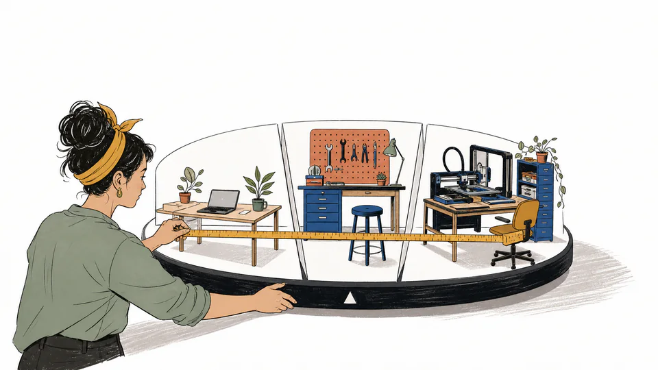 Editorial illustration of a hobbyist rotating a three-faced tabletop stage with lean, expected, and ambitious project setups