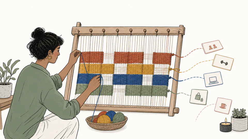 Editorial illustration of a hobbyist weaving protected weekly practice blocks while loose obligations remain outside the loom