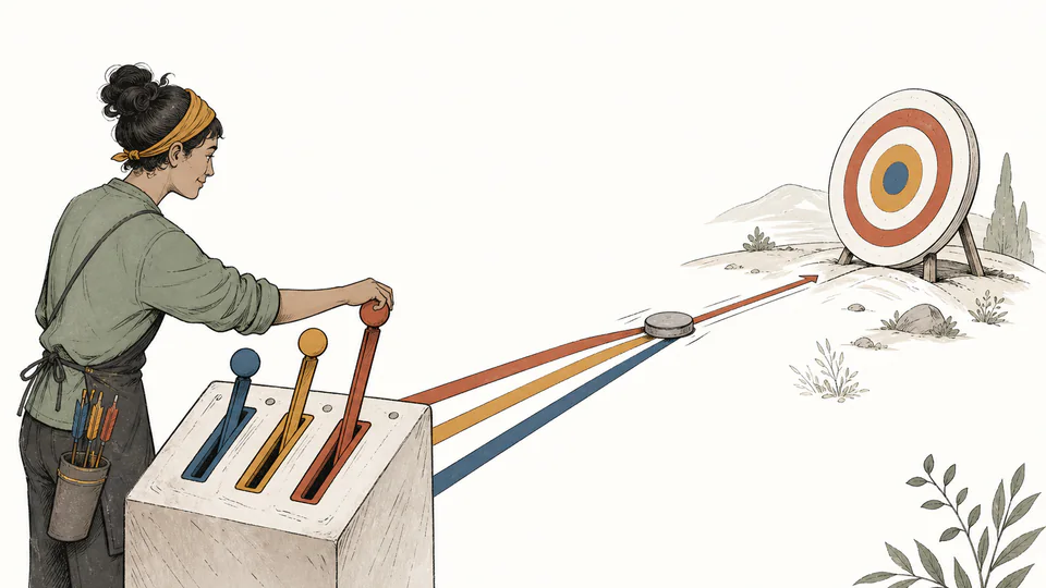Editorial illustration of a hobbyist adjusting practice levers to move a marker toward a target ring