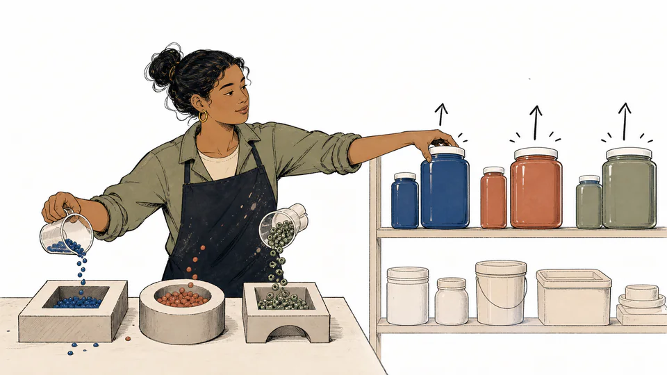 Editorial illustration of a maker pouring measured craft materials into project molds and rounding demand to whole containers