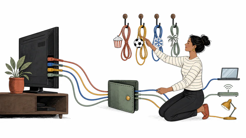 Editorial illustration of a viewer routing essential and rotating subscription cords through a monthly wallet gate