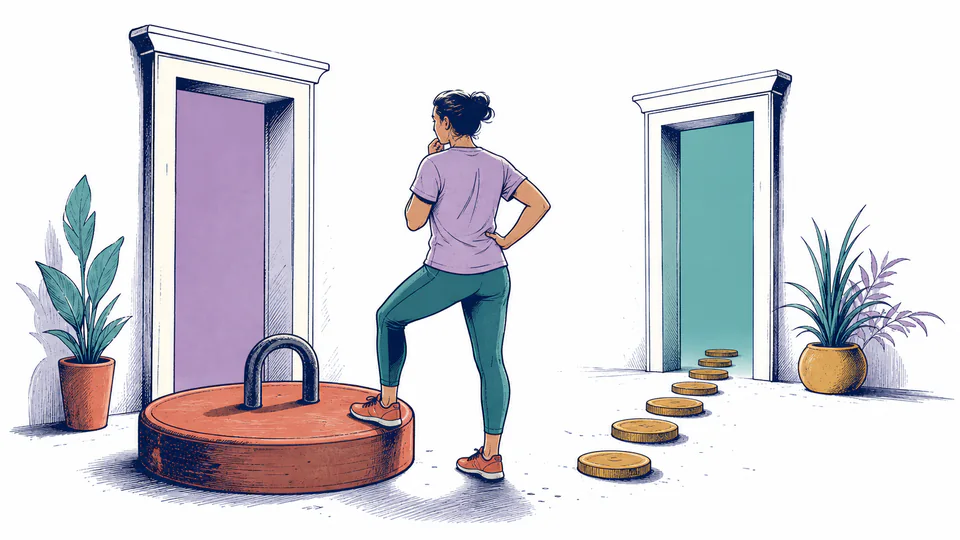 Editorial illustration of an exerciser comparing two gym doors, one with a heavy joining lock and the other with coins dropping at every visit