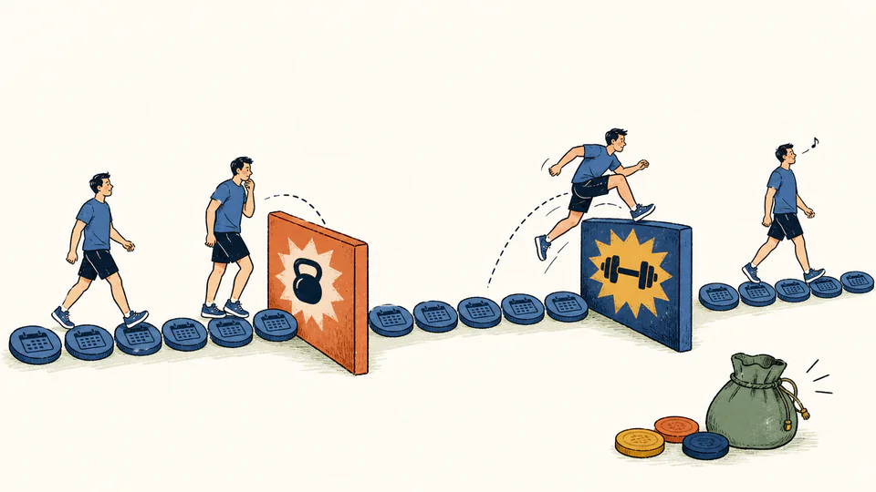 Editorial illustration of an exerciser moving along a calendar treadmill where joining and annual-fee hurdles interrupt even monthly dues