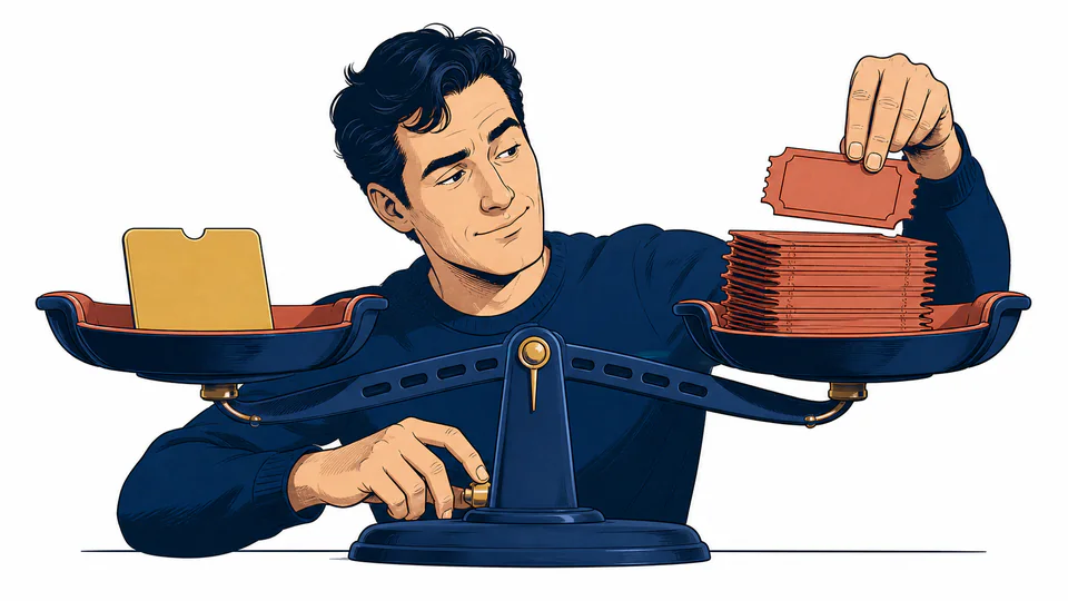 Editorial illustration of a viewer balancing a reusable streaming pass against a growing stack of individual movie tickets on a cinema scale