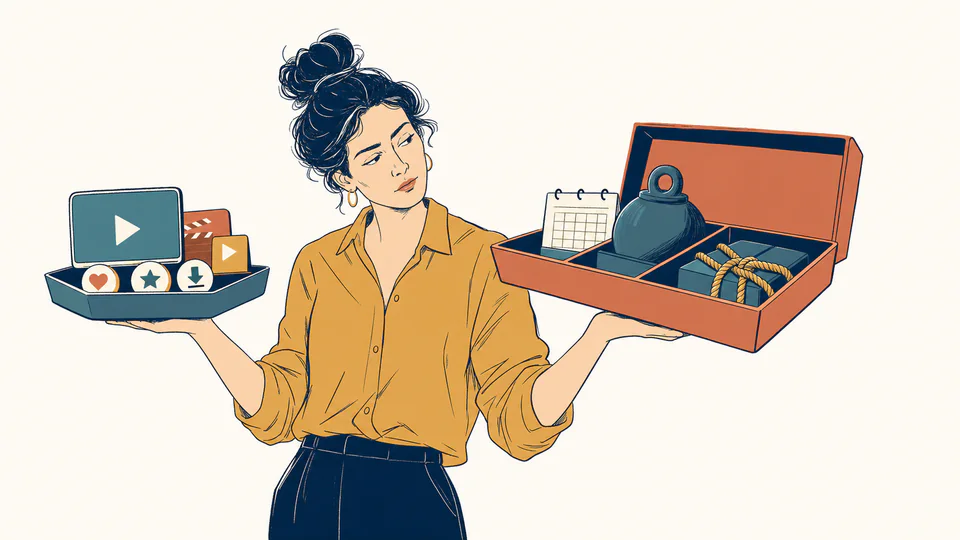 Editorial illustration of a viewer weighing two overflowing subscription trays while small annual-fee and add-on tags fall from hidden compartments
