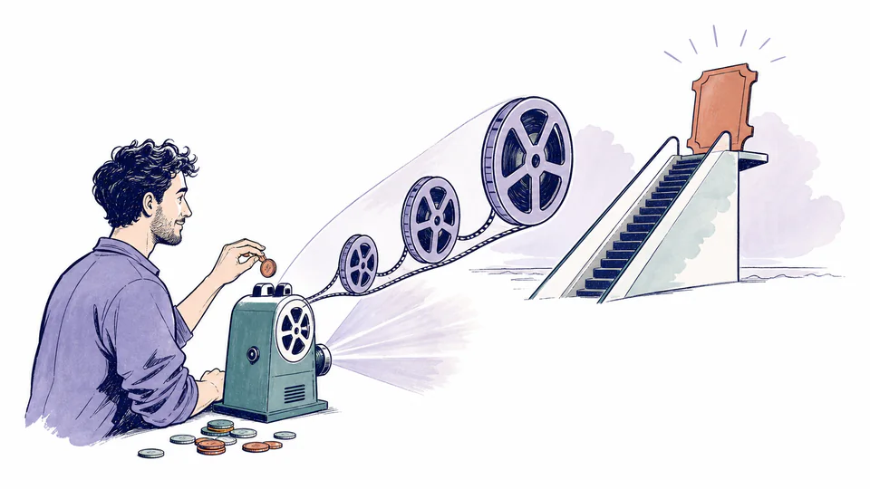 Editorial illustration of a viewer feeding small coins into a projector reel while a future annual-subscription ticket rises slightly on a price escalator