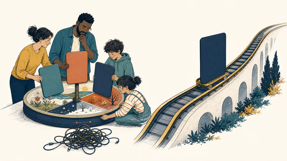 Editorial illustration of a household rotating three streaming cards around a seasonal carousel while one year-round card rides a rising price track