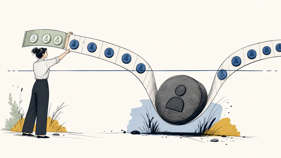 Editorial illustration of a long calendar ribbon carrying small streaming bills until a large annual-renewal stone dips the ribbon below a cash reserve line