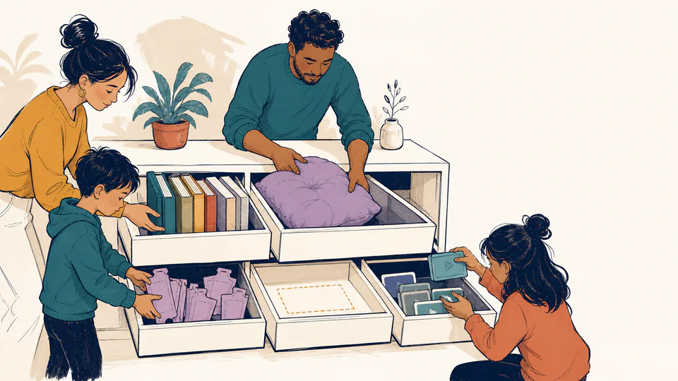 Editorial illustration of a household placing books, event tickets, a buffer cushion, and streaming cards into separate compartments of one entertainment budget cabinet