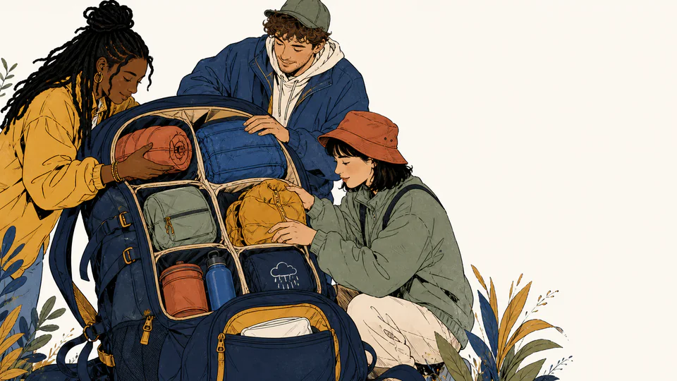 Three festival travelers pack ticket, transport, lodging, food, and weather supplies into separate compartments of one oversized backpack