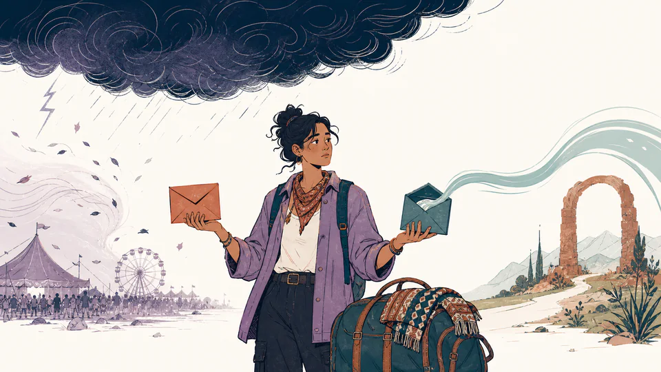 A festival traveler holds two booking envelopes beneath a storm cloud, one sealed and one opening into a return channel