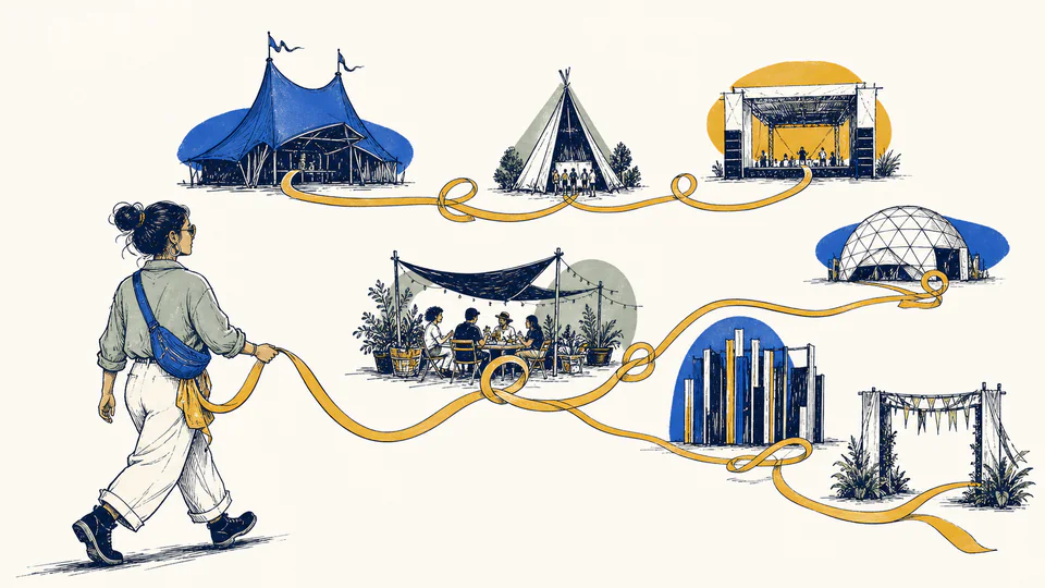 A festival visitor threads a long ribbon through seven stages while leaving deliberate knots for walking, meals, entry, and exit