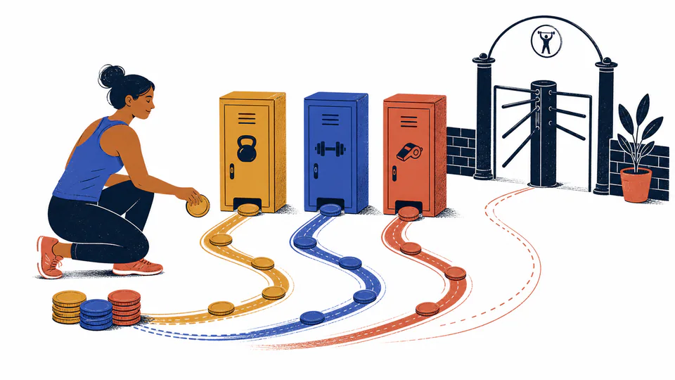 An adult athlete routes coins along a curved track toward three clearly separated gym expense lockers
