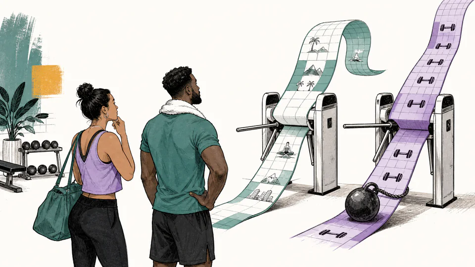 Two athletes pull separate calendar ribbons through monthly and annual gym turnstiles while unused months fold away