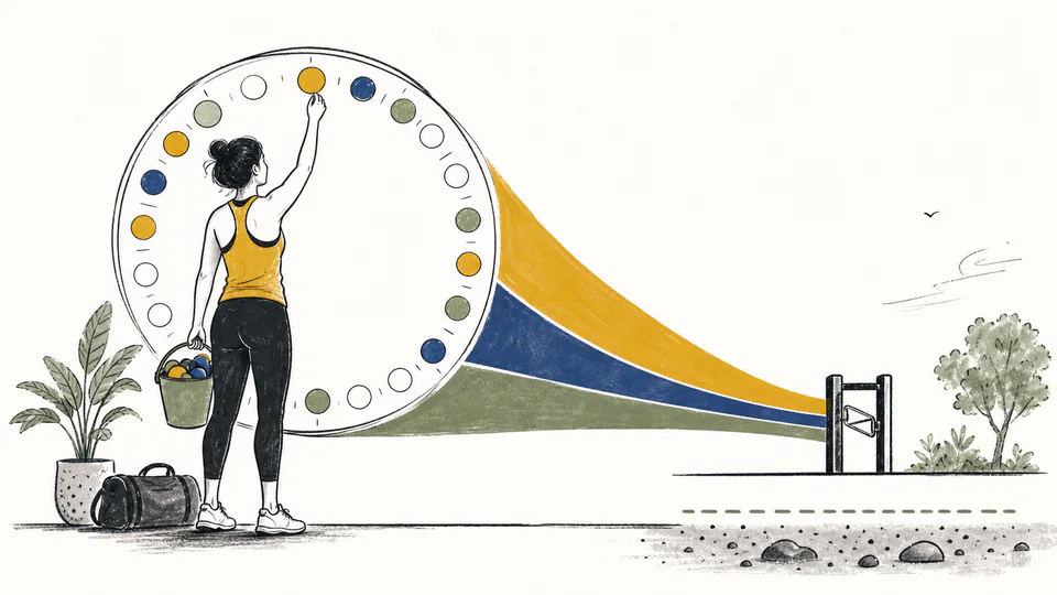 A gym-goer places workout markers around a circular month while a cost ribbon narrows toward a target gate