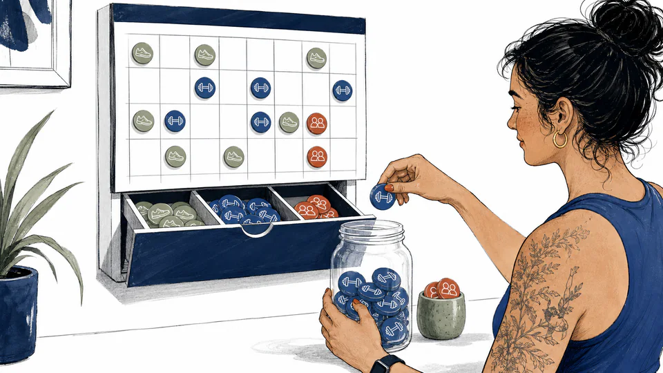 A gym member moves attendance tokens from a planned wall calendar into completed workout and guest-pass jars