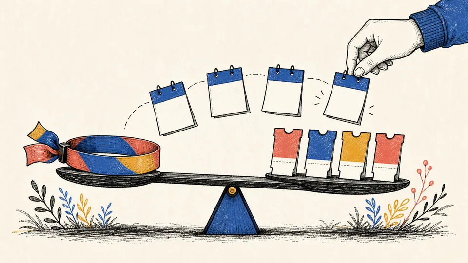 Editorial illustration of a multi-day festival wristband and a row of separate day tickets balanced on a seesaw while calendar pages are added one by one