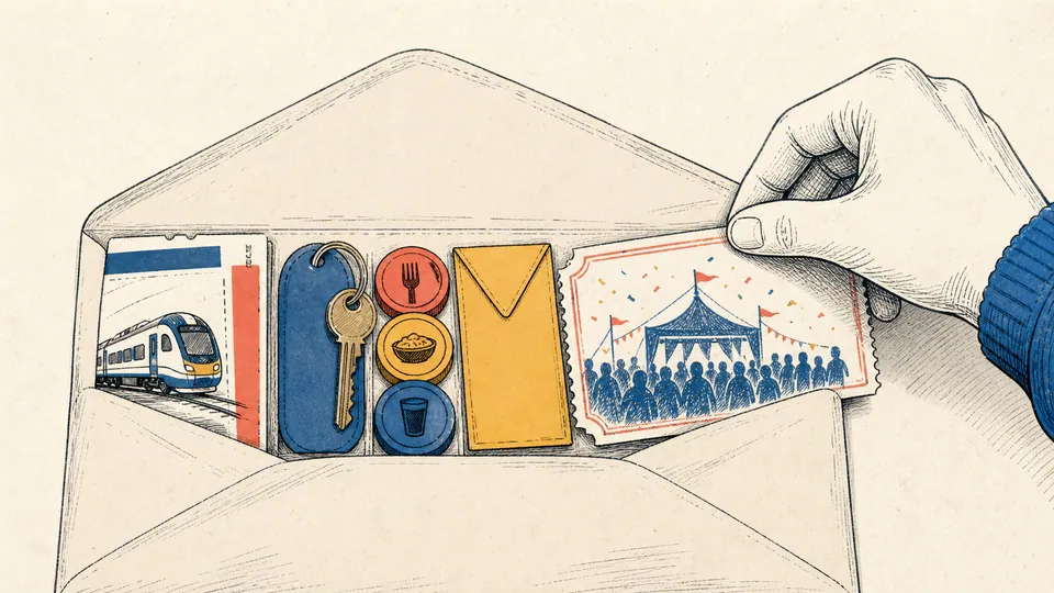 Editorial illustration of a festival ticket being cut to fit inside a budget envelope after train fare, a hotel key, meal tokens, and a small emergency reserve are placed first