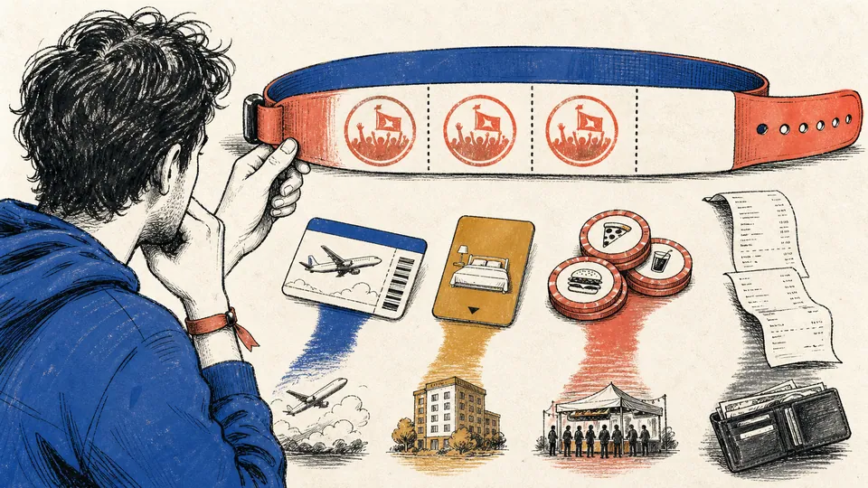 Editorial illustration of a festival attendee marking three used dates on a four-day wristband while travel tickets, lodging keys, food tokens, and a receipt trail remain separate