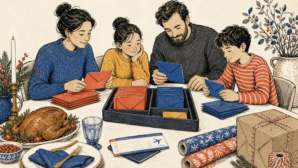 Editorial illustration of a household sorting labeled gift envelopes while travel tickets, a dinner table, wrapping paper, postage, and a small reserve envelope surround the budget
