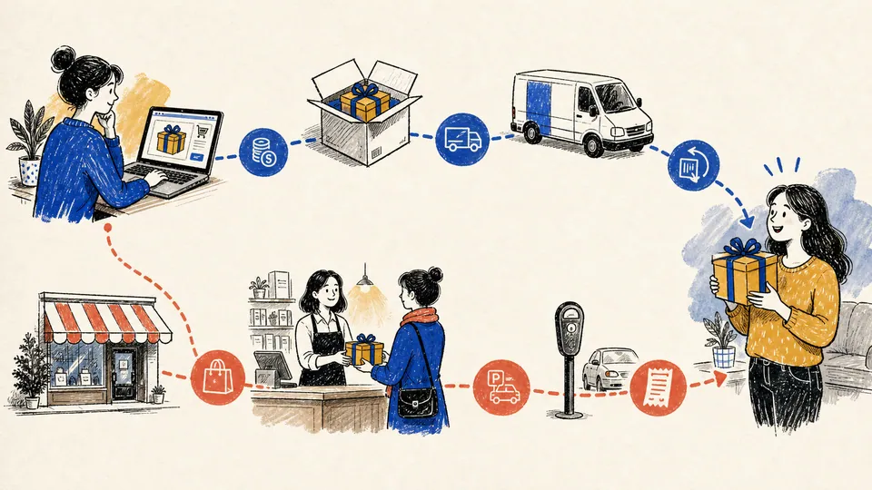 Editorial illustration of the same gift traveling along two routes, one through a delivery van and return label and the other through a local shop with parking and a receipt