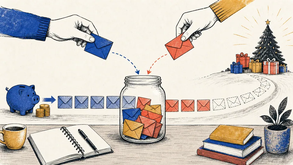 Editorial illustration of labeled monthly envelopes moving toward a holiday gift fund jar while current savings and a confirmed contribution enter through separate channels