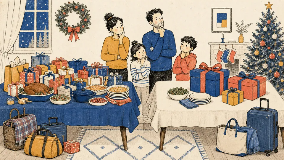 Editorial illustration of two holiday tables, one with many modest gift boxes and hosting dishes and the other with fewer larger gifts and less travel, each inside its own labeled budget frame