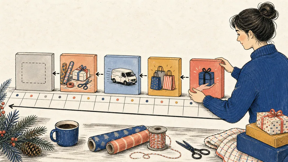 Editorial illustration of a holiday calendar running backward through shopping bags, a delivery van, a wrapping table, and a protected buffer block before the handoff date