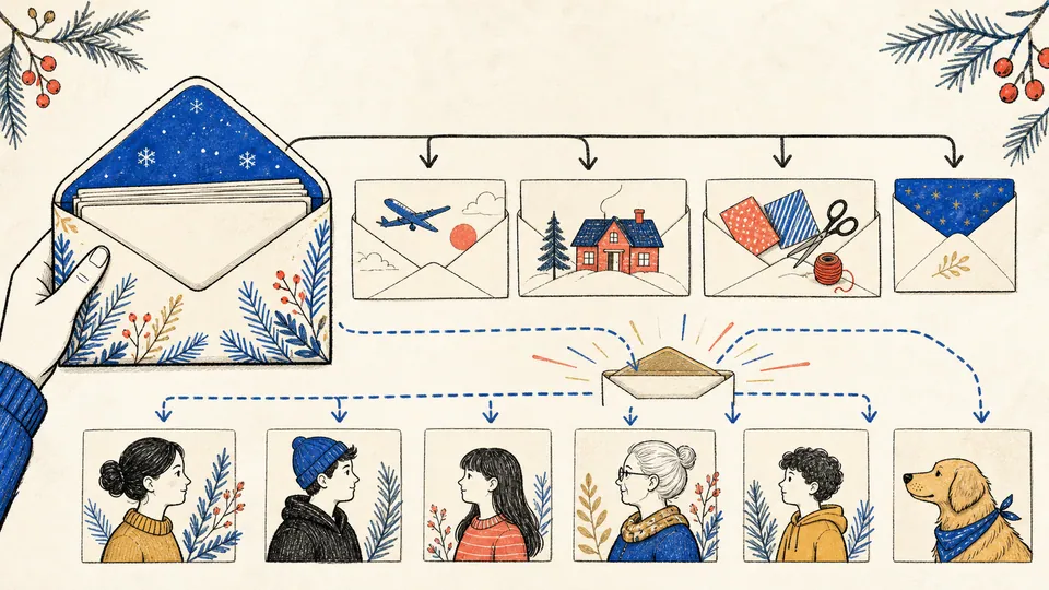 Editorial illustration of a fixed holiday budget envelope divided after travel, hosting, wrapping, and a reserve are removed, leaving one direct gift pool shared across recipient cards