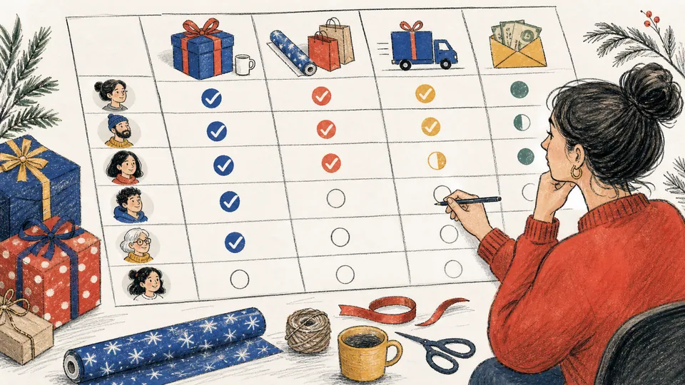 Editorial illustration of a holiday checklist with separate columns for recipient, purchased gift, delivered package, and budget envelope, each progressing at a different rate