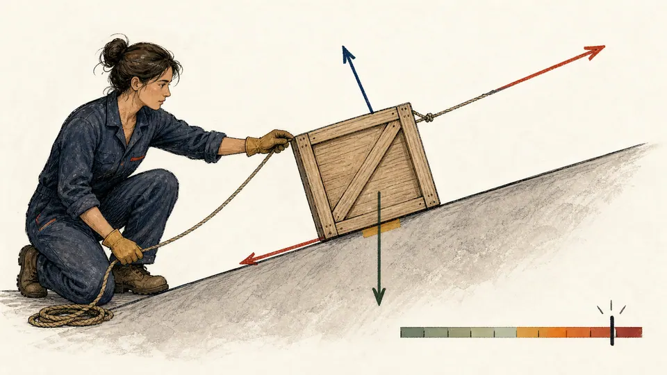 Editorial illustration of a technician balancing a crate on an incline with force arrows and a highlighted contact patch.