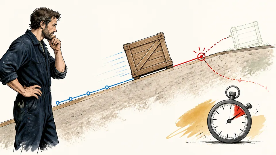 Editorial illustration of a crate tracing a changing motion path down a textured ramp while an engineer marks the stop point.