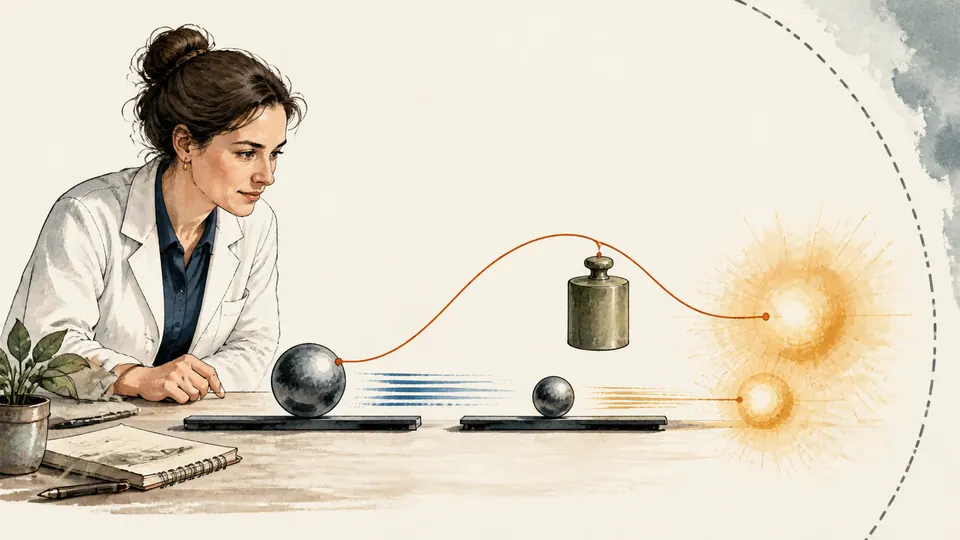 Editorial illustration of a physicist comparing a moving steel sphere with separate momentum and energy cards beside a curved chalk line.