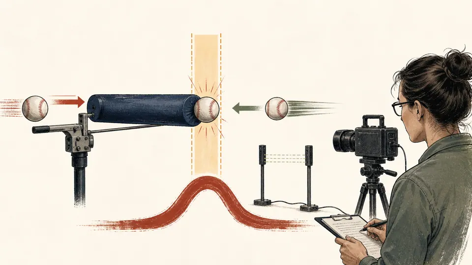 Editorial illustration of a sports scientist timing a ball reversal while a short force pulse and before-after arrows are marked.